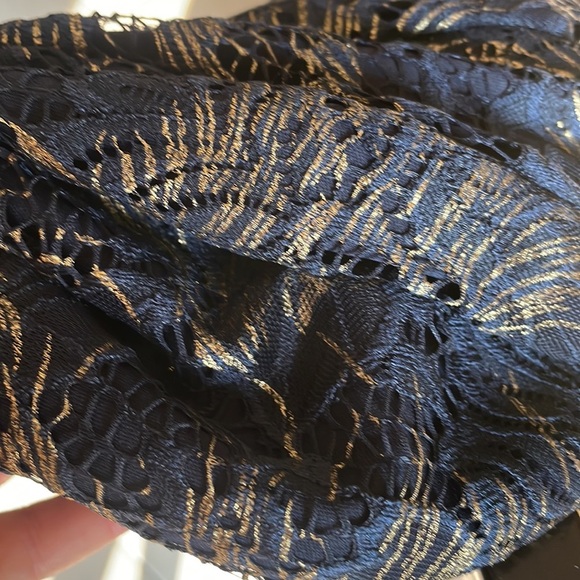 Marina cocktail stretch lace foil dress STATEMENT sheer BACK sheath navy gold L - Picture 16 of 16
